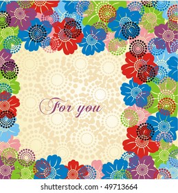 Postcard with applique from circles and flowers. Vector illustration.