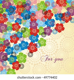 Postcard with applique from circles and flowers. Vector illustration.