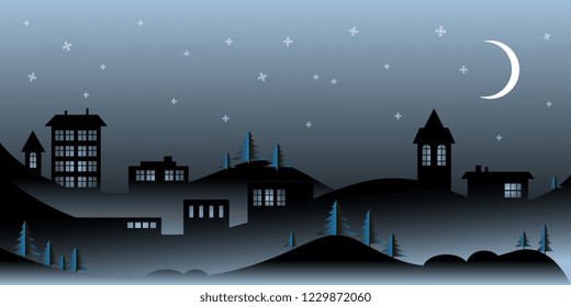 Postcard. Artistic background. Winter landscape. Banner. Flyer. Vector greeting card with winter landscape and snowflakes. Vector graphics