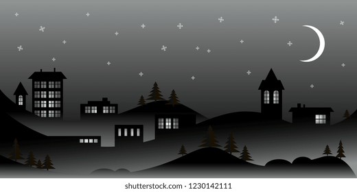 Postcard. Artistic background. Winter landscape. Banner. Flyer. Vector greeting card with winter landscape and snowflakes. Vector graphics