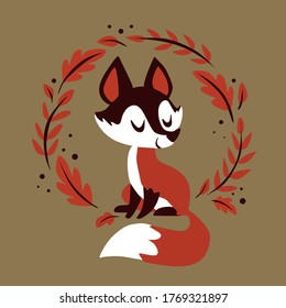 Postcard autumn background design with Cute Fox and bright orange autumn leaves. On light background Vector illustration