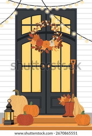Postcard Autumn Front Door Decor. Flat design of an autumn wreath, pumpkins, leaves, garlands and lanterns. Vector