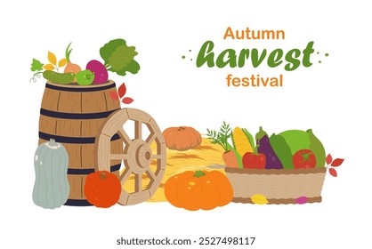 Postcard for the autumn harvest festival with an image of vegetables, one barrel and one cart wheel in a flat style. The concept of agricultural products. Invitation, poster, banner.
