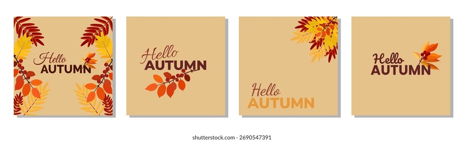 Postal. Postal de otoño. Mini cartel. Hola otoño. Ilustración vectorial.