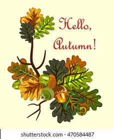 Postcard with autumn oak leaves and acorns