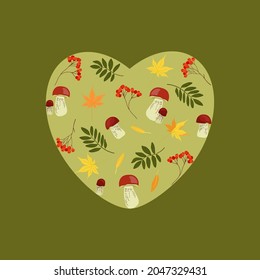postcard in autumn style vector elements of the forest in the shape of a heart, mountain ash, mushrooms, maple leaves, yellow leaves on a dark green background for a banner, postcard, invitation,print
