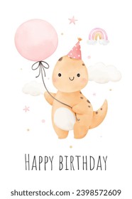 Postcard baby dinosaur girl with balloon For nursery kids Birthday party girl Baby shower Print for invitation card Poster Template