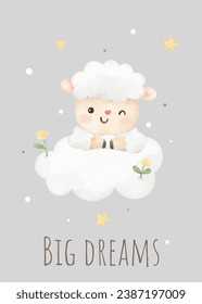 Postcard baby sheep with cloud For nursery birthday kids Print for invitation card Poster Template Watercolor style