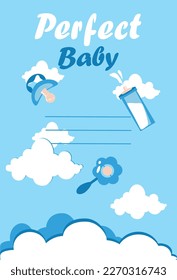 Postcard baby shower, on a blue background, clouds, an inscription, a rattle, a pacifier, a bottle and a place for your text.