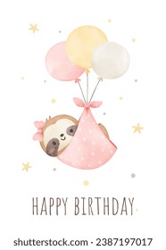 Postcard baby sloth For nursery kids Birthday party girl Print for invitation card Poster Template Watercolor style