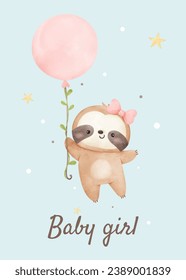 Postcard baby sloth with pink balloon For nursery birthday kids