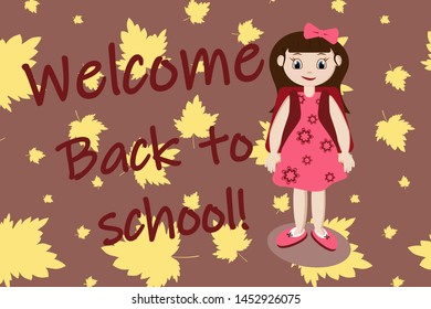postcard back to school, schoolgirl with a backpack on the background of autumn leaves