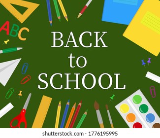 
Postcard back to school vector illustration. Stationery items paint pencils notebooks paper plane scissors ruler