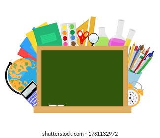 Postcard back to school vector illustration. Stationery draw with pencils notebooks paper planes scissors globe paper clips alarm clock books ruler