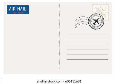 Postcard back side. With mail stamp. Vector illustration