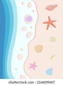 Postcard, background of beach scene with starfish and seashells in ocean waves.