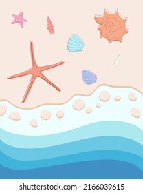 Postcard, background of beach scene with starfish and seashels in ocean waves.