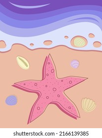 Postcard, fondo de la escena playera con estrellas de mar y conchas marinas en las olas del océano por la noche.