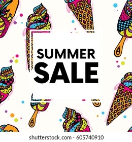 Postcard with a background of ice cream. Vector illustration for a postcard or a poster. Summer.