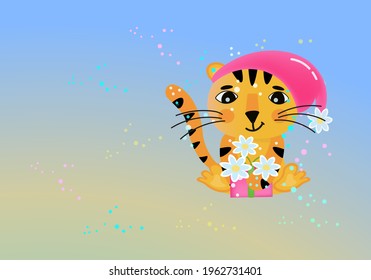 Postcard background to the International Day of the Tiger. Funny tiger in a pink hat with a bouquet of flowers on a summer lawn.Vector illustration with place for text.