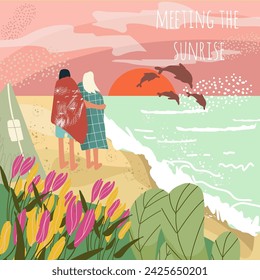 Postcard, background, picnic invitation, summer vacation scene, couple welcoming sunrise, sunset, wrapped in blankets. A pack of dolphins frolicking in the water. Vacation, trip to the sea.