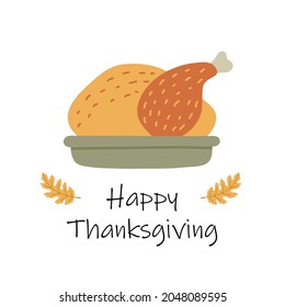 Postcard with baked turkey. Flat style. Vector illustration