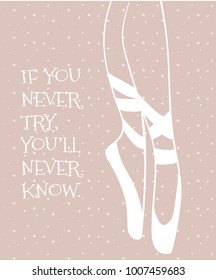 Postcard for the ballerina with the inscription about the dances. Lovely pointe shoes and pink crown.