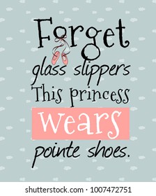 Postcard for the ballerina with the inscription about the dances. Lovely pointe shoes and pink crown.