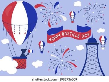 A postcard with balloons and fireworks for Bastille Day on July 14. Postcard in the national colors of France. Vector illustration in a flat style. Vector illustration