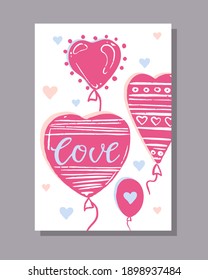 Postcard with balloons for Valentine's day, birthday, wedding. Vector hand-drawn illustration.