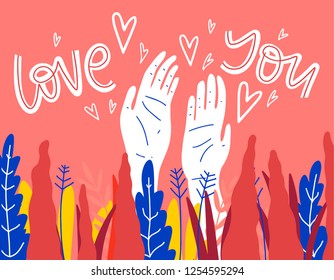 Postcard or banner about love. St. Valentine's day illustration. Hand, love, plants.