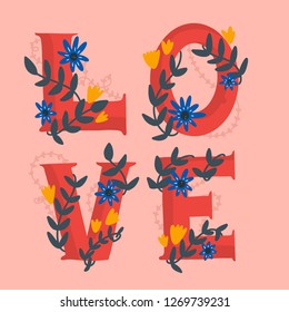 Postcard or banner about love. St. Valentine's day illustration. Love with flower.