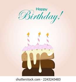 A postcard  banner  birthday greeting and meringue cake   3 candles beige gradient  Vector illustration