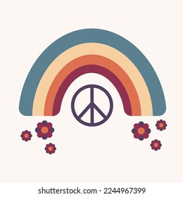 Postcard, banner, button, background with rainbow and peace sign and flowers on a beige background in retro style	