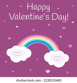 Postcard, banner, button, background for Valentine's Day with rainbow and happy smiling clouds and text Happy Valentine's Day on a pink background with hearts