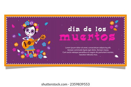 Postcard banner congratulating Mexican Day of the Dead holiday with image of a dead skeleton girl playing guitar with flowers on her head in pink and purple colors. Festive flyer with text.