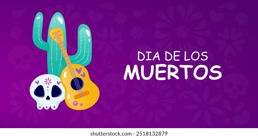 Postcard, banner for Day of the Dead los muertos. Sugar skull, congratulations, post.