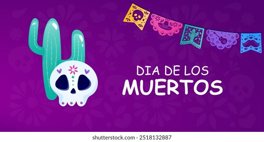 Postcard, banner for Day of the Dead los muertos. Sugar skull, congratulations, post.