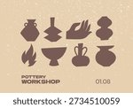 Postcard or banner design template with different pottery vases and ceramic shapes. Silhouette Icons on grunge texture background. Vector illustration.