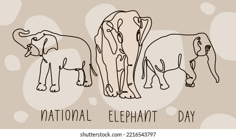 A postcard, a banner for the Elephant Day holiday. Linear drawing of elephants with the inscription World Elephant Day. Printing on paper and textiles.