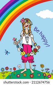 Postcard banner with girl and sky clouds and rainbow_dragonfly over flowers and field_with the text be happy