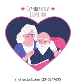 Postcard or banner for grandparent day flat style, vector illustration isolated on white background. Happy old man and woman reading book together, heart frame, leisure and love. Decorative design