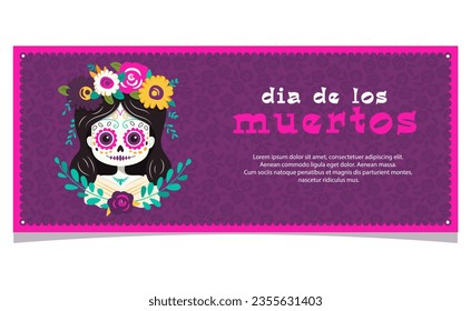 Postcard banner greeting Mexican day of the dead holiday with illustration of a dead skeleton girl with flowers on her head in pink and purple shades. Festive flyer with text. 