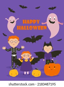 Postcard banner for Halloween, Children in costumes of ghosts and various mischief. Vector illustration.