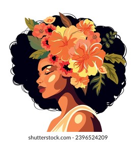 Postcard banner Happy International Women's Day Beautiful flowers in your hair. Hairstyle. Feminism. Vector concept of movement for gender equality and women's empowerment