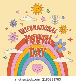 Postcard, banner International Youth Day. Groovy vintage background in the style of the 70s. Hippie aesthetics. Celebration for teenagers and young people.