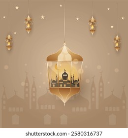 Postcard, banner, post Islamic holiday. On a beige background. Lamp, mosque. Vector