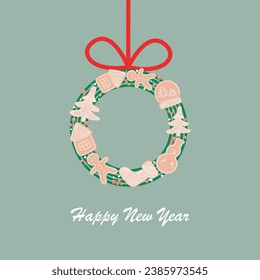 Postcard, banner, post for social media in the New Year's style. A wreath with ginger cookies. Happy New Year