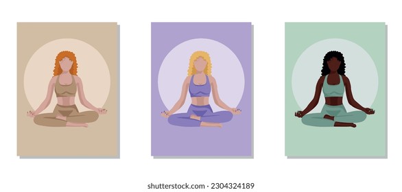 Postcard, banner, poster. Beautiful dark-skinned, red-haired, blond woman sitting in lotus pose doing yoga and meditation. Vector illustration in flat design, EPS10.