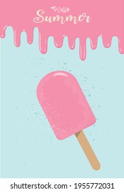 Postcard, banner or poster design Ice-cream.Text Hello Summer. Summer Vibes. Love Themed.Pink ice lolly. Vector Illustration.